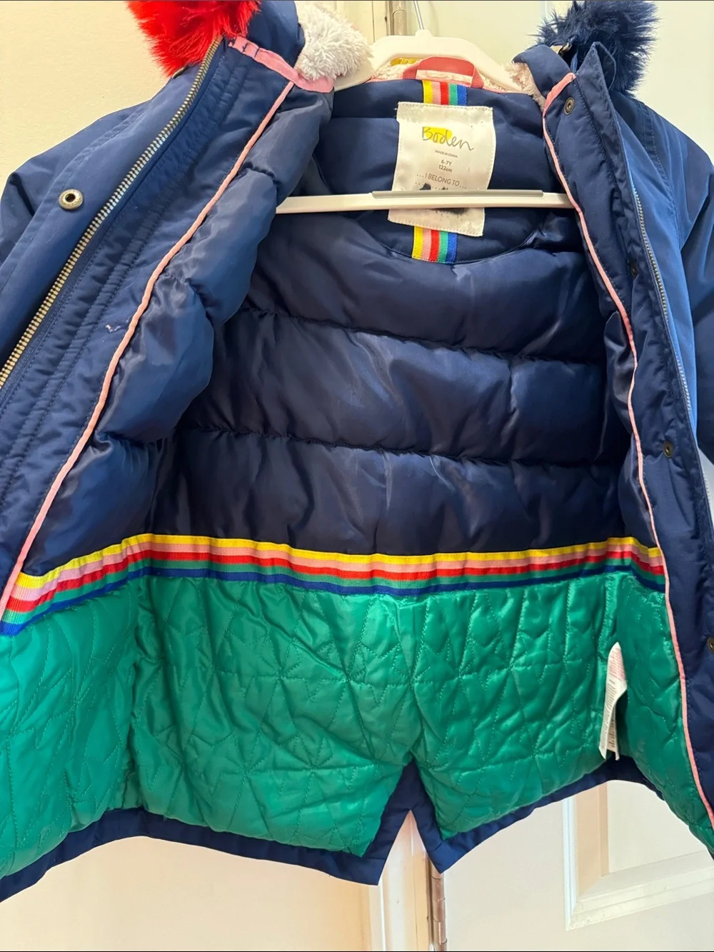 Mini Boden Girls Rainbow hood puffer coat